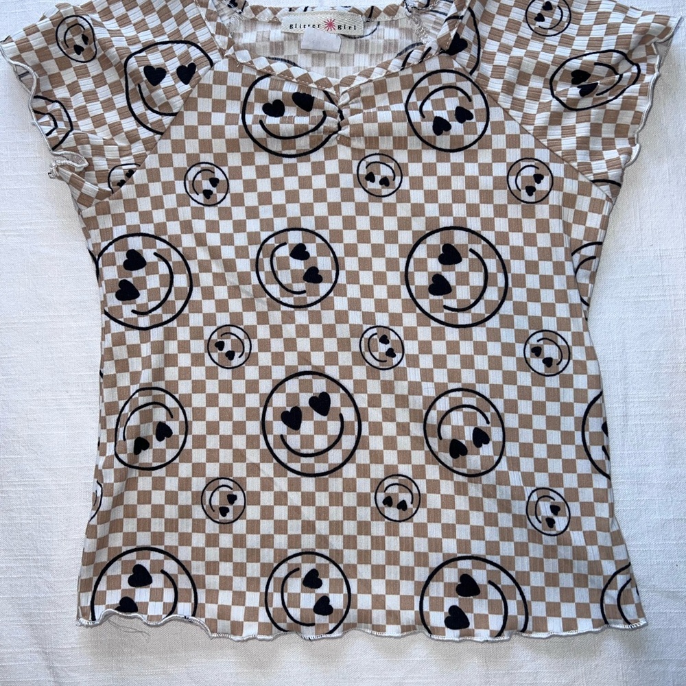 Girls Glitter Girl Tan Checkered Smiley Baby Tee Size 10/12